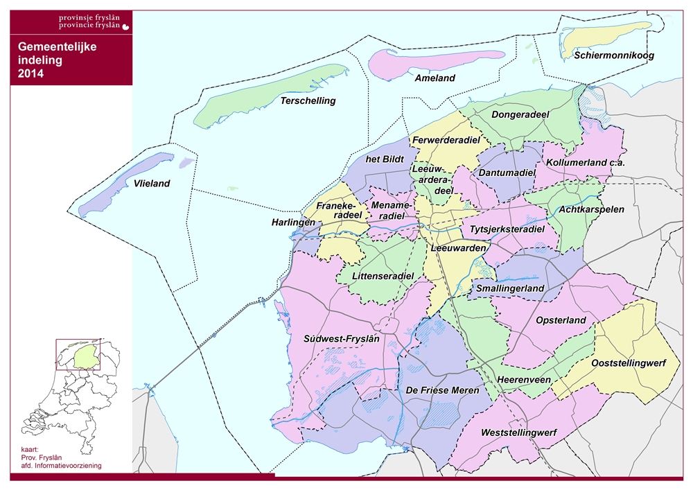 Kaart met alle gemeenten van de GGD Fryslan. Vlieland, Terschelling, Ameland, Schiermonnikoog, Dongeradeel, Ferwerderadiel, het Bildt, Franekeradeel, Harlingen, Sudwest-Fryslan, Littenseradiel, De Friese Meren, Weststellingwerf, Ooststellingwerf, Heerenveen, Opsterland, Smallingerland, Leeuwarden, Tytsjerksteradiel, Leeuwarderadeel, Dantumadiel, Achtkarspelen, Kollumerland.