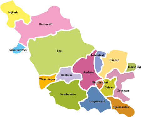 Kaart met alle gemeenten die behoren tot GGD Gelderland-Midden. Nijkerk, Barneveld, Scherpenzeel, Ede, Wageningen, Renkum, Rozendaal, Overbetuwe, Arnhem, Lingewaard, Westervoort, Rheden, Duiven, Rijnwaarden, Zevenaar, Doesburg.