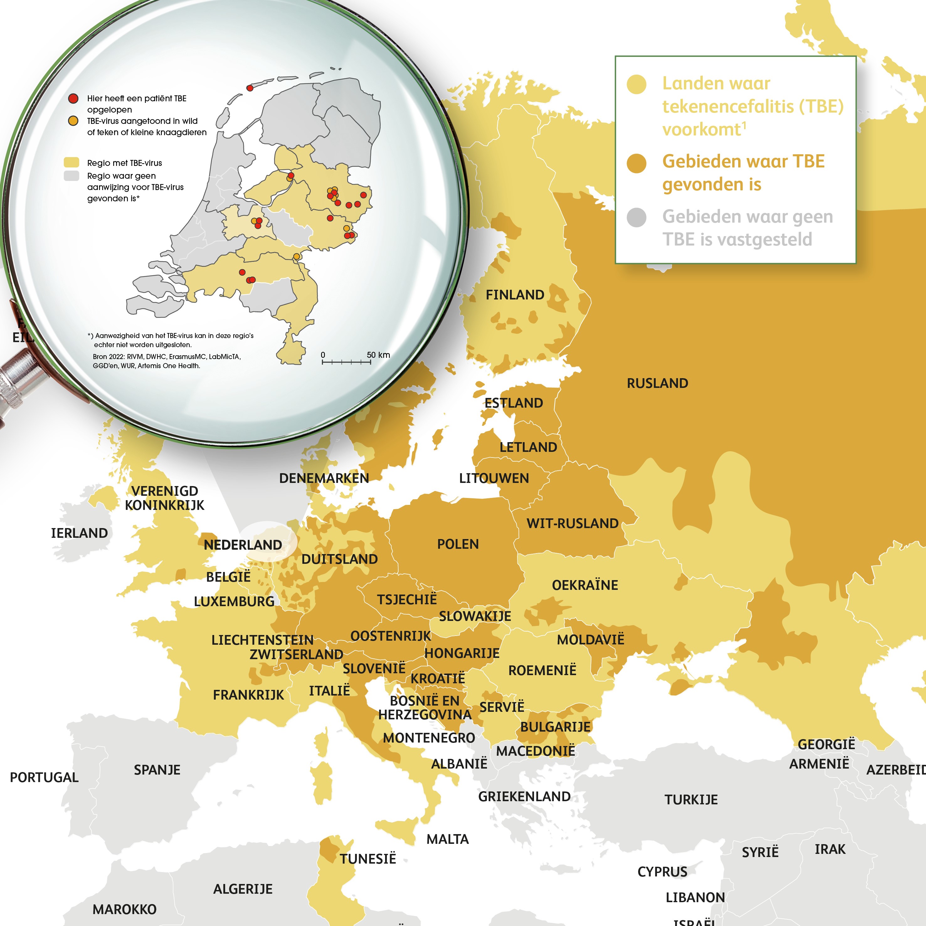 Europa kaart TBE met NL tekenbeten